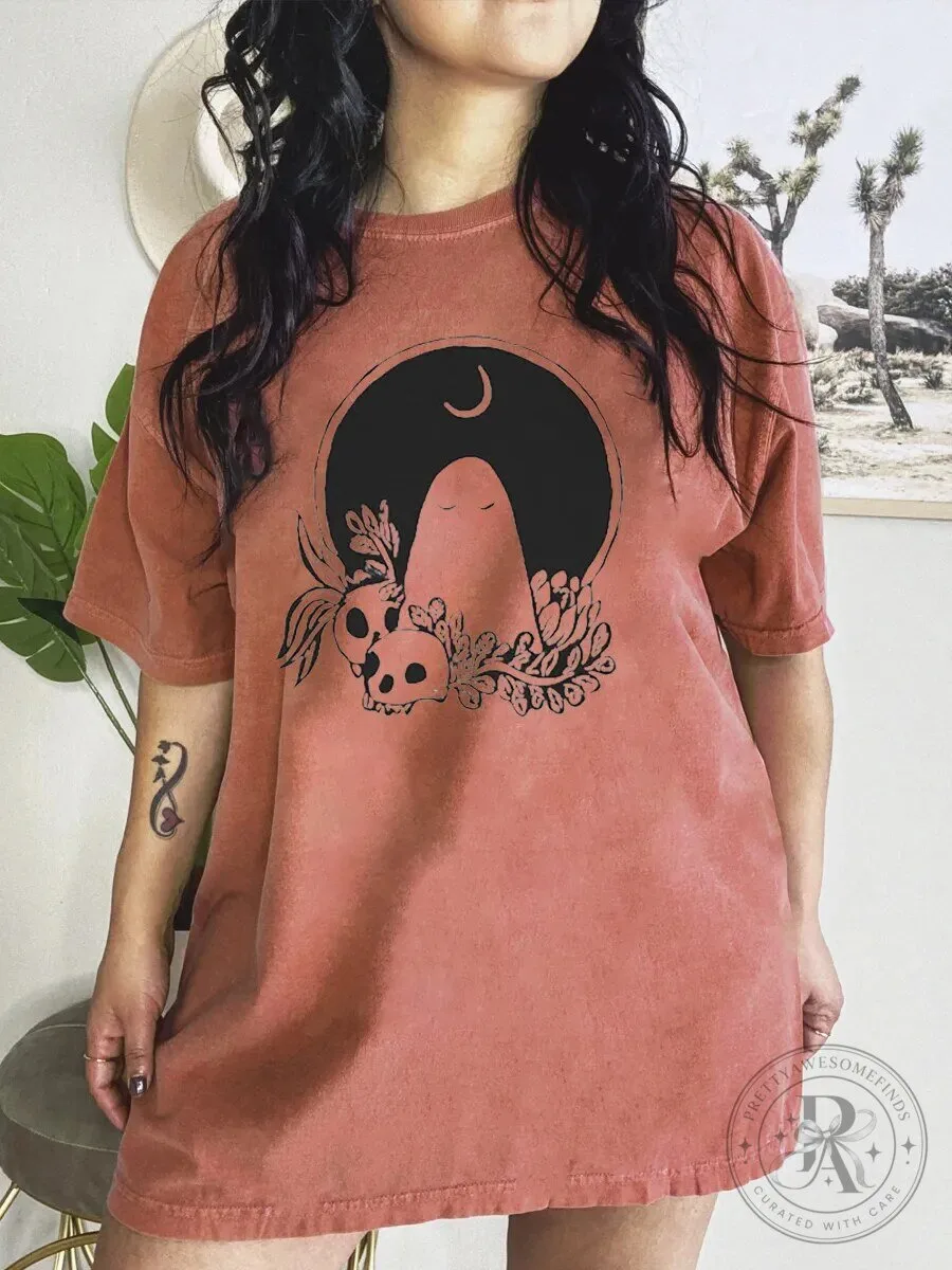 Cute Ghost and Skull Halloween Spooky Season Graphic T-Shirt