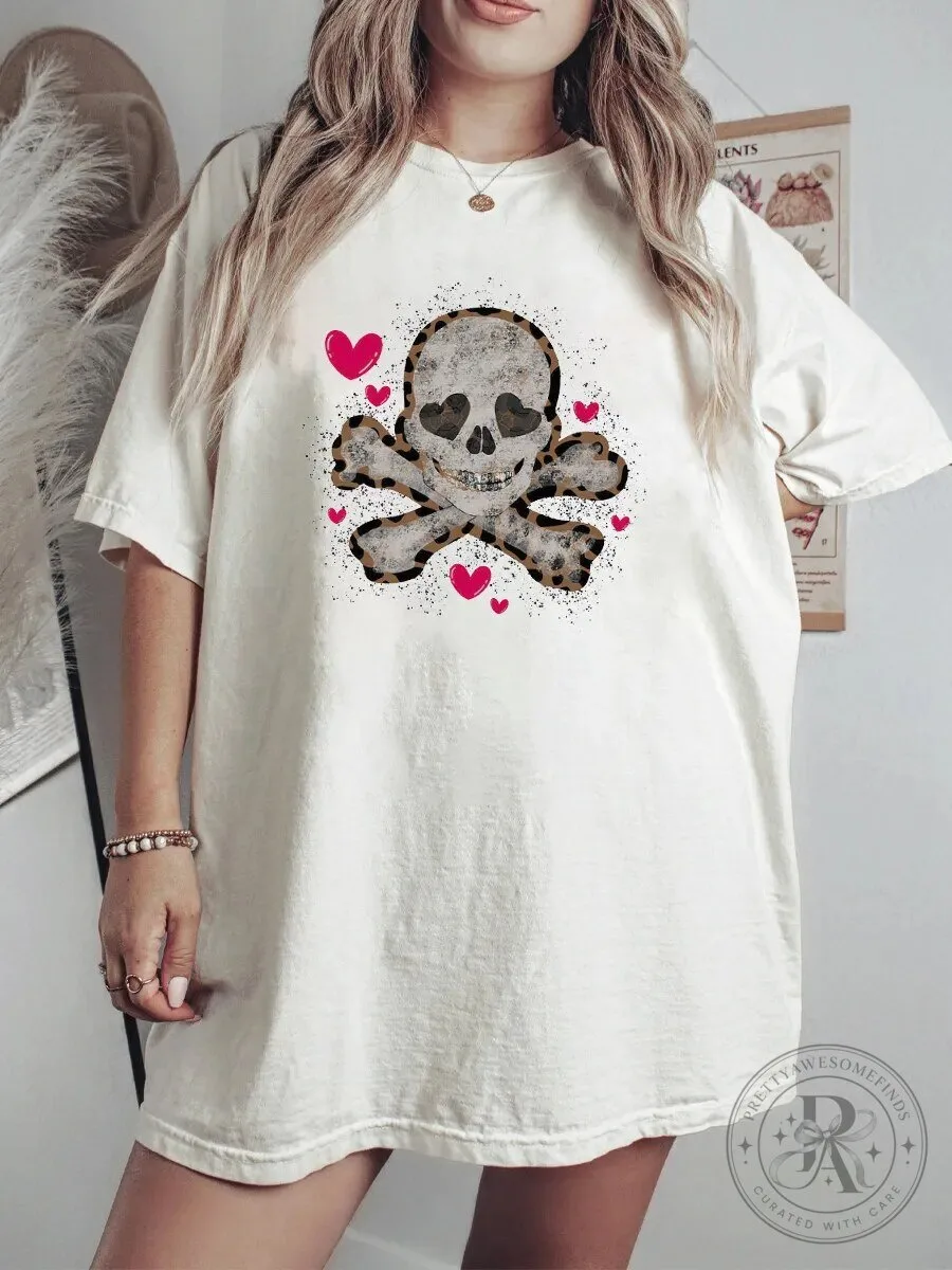 Leopard Print Skull and Crossbones Heart Eyes Valentine's Day T-Shirt