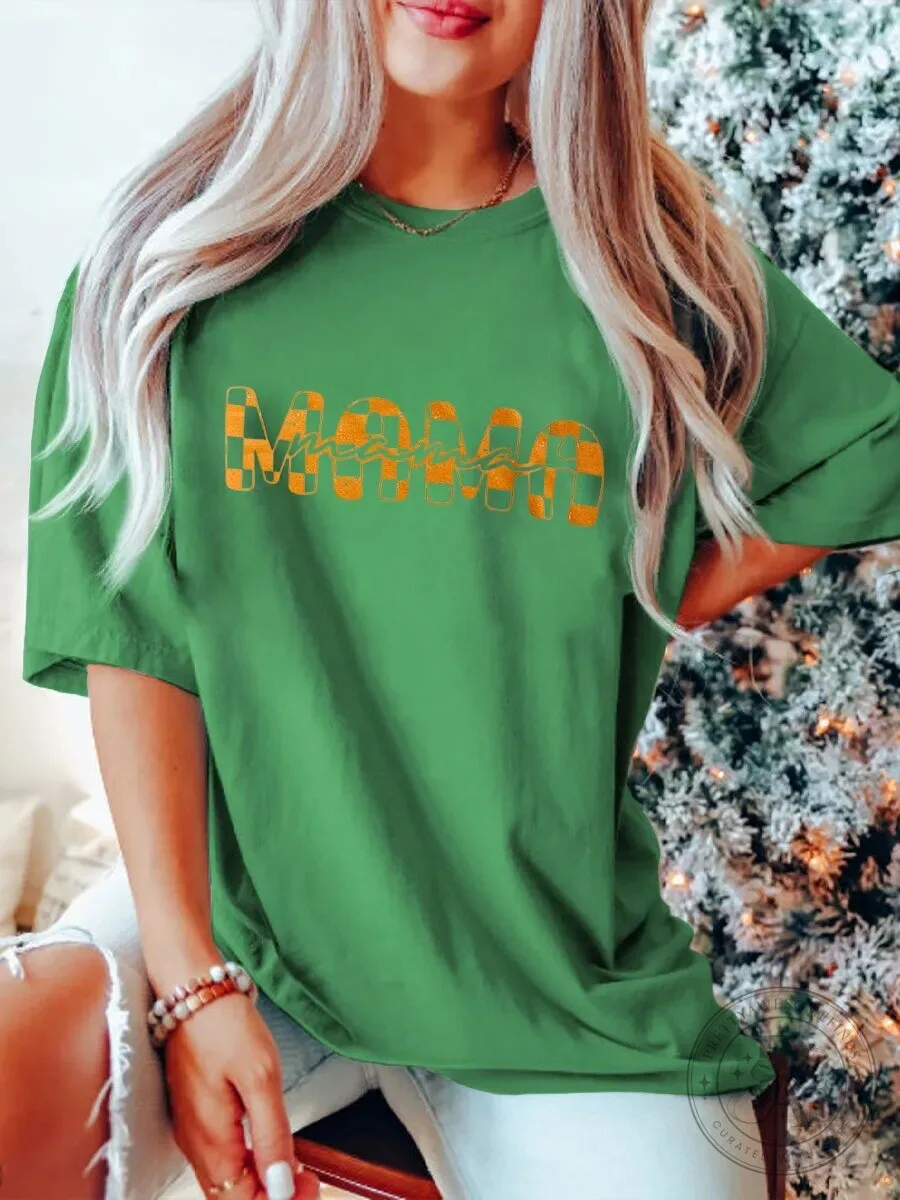 Mama Gingham Checkered Green T-Shirt for Women, Mother's Day Gift