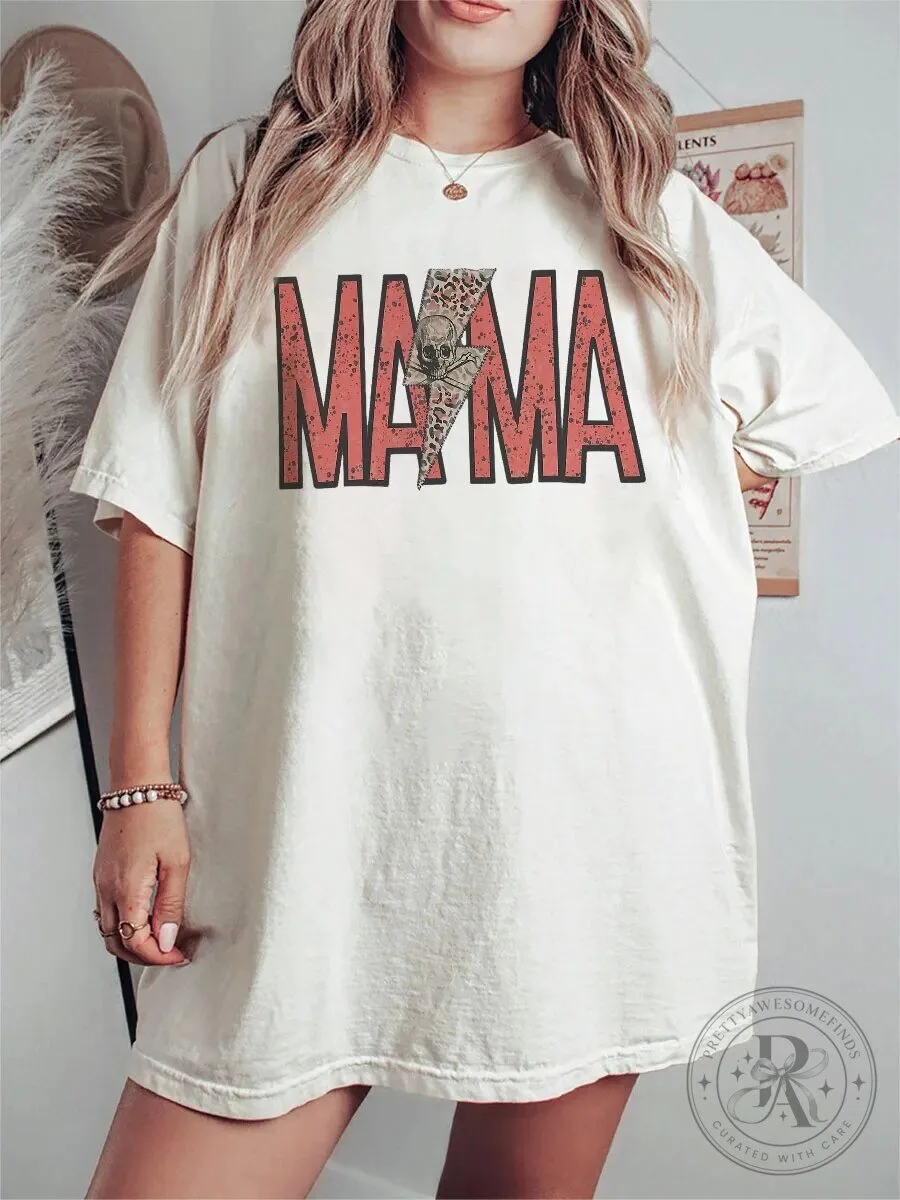 Mama G Skull Lightning Bolt Leopard Print Graphic T-Shirt