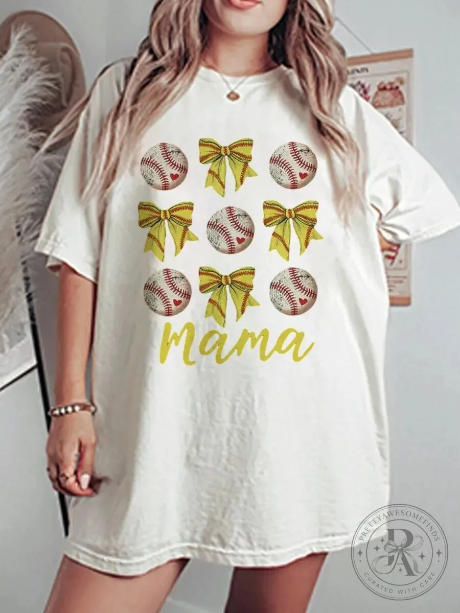 Softball Mama Oversized T-Shirt with Yellow Bows and Baseballs