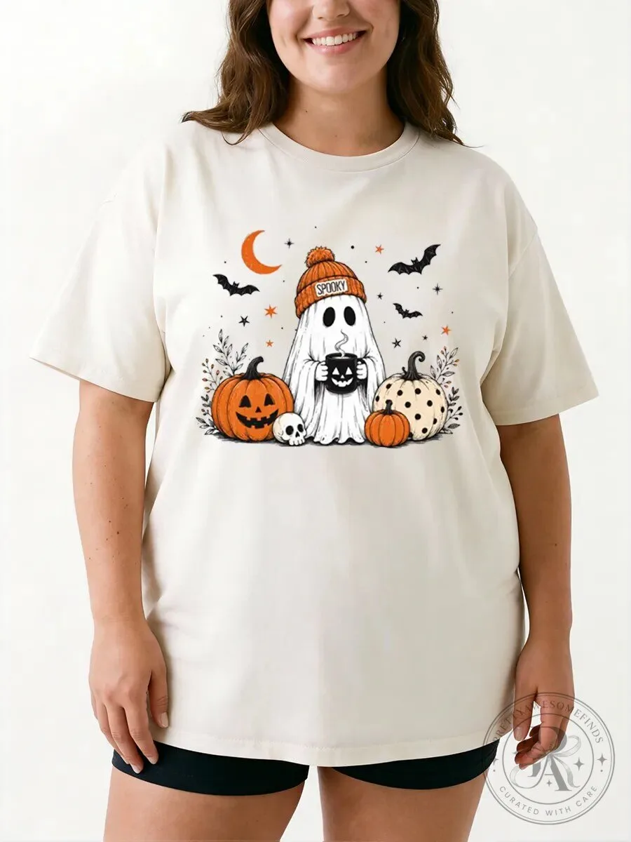 Halloween Funny Tee Spooky Ghost Pumpkin Bats Vintage Graphic T-Shirt