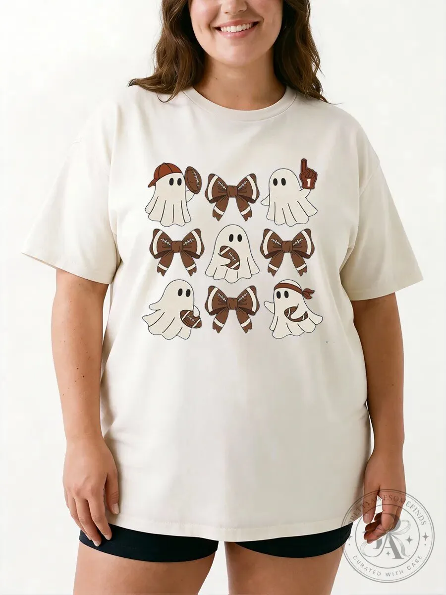 Halloween Funny Tee Football Ghost Bows Spooky Season T-Shirt 1 Halloween Funny Tee Football Ghost Bows Spooky Season T-Shirt