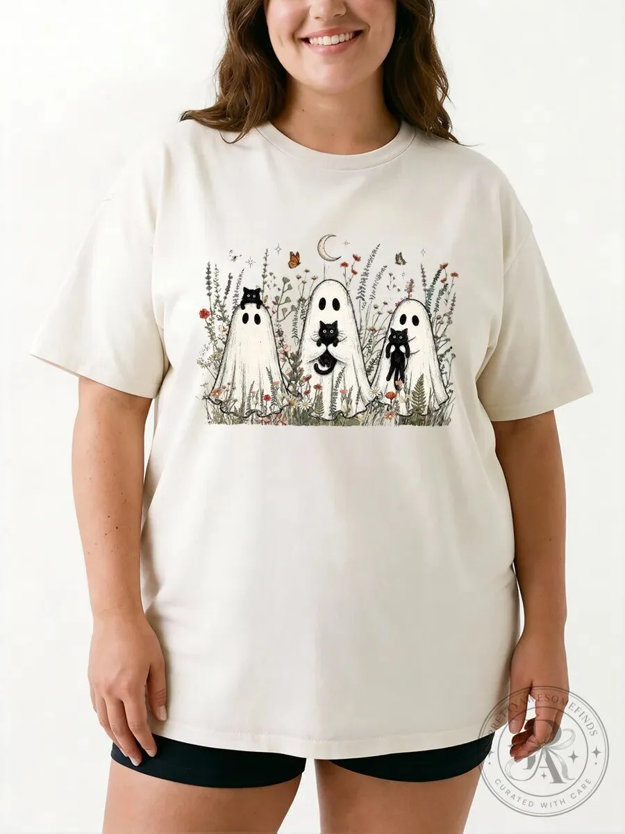 Funny Halloween Ghost and Black Cat Wildflower Graphic T-Shirt