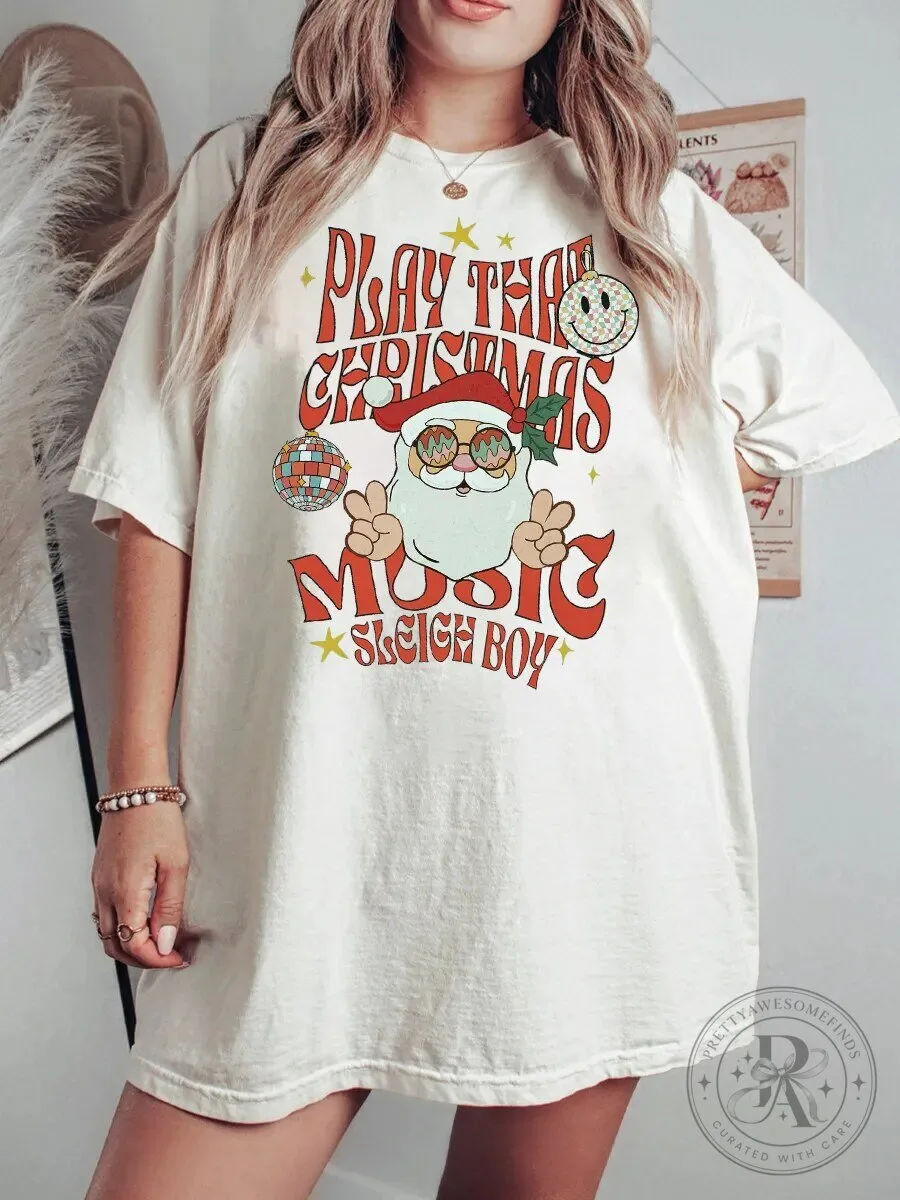 Play That Christmas Music Sleigh Boy Santa Claus Disco Ball T-Shirt