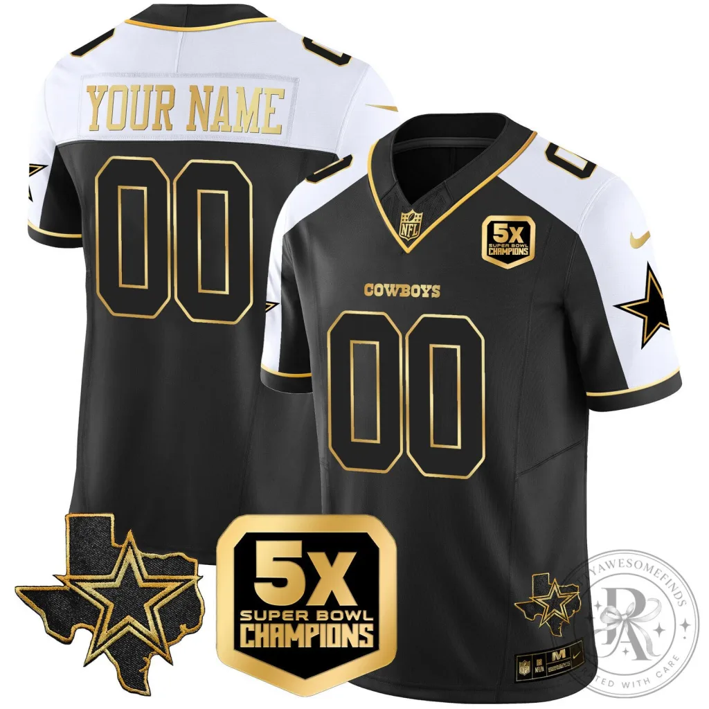 Dallas Cowboys 5x Super Bowl Champions Black Gold Custom Football Jersey Dallas Cowboys 5x Super Bowl Champions Black Gold Custom Football Jersey