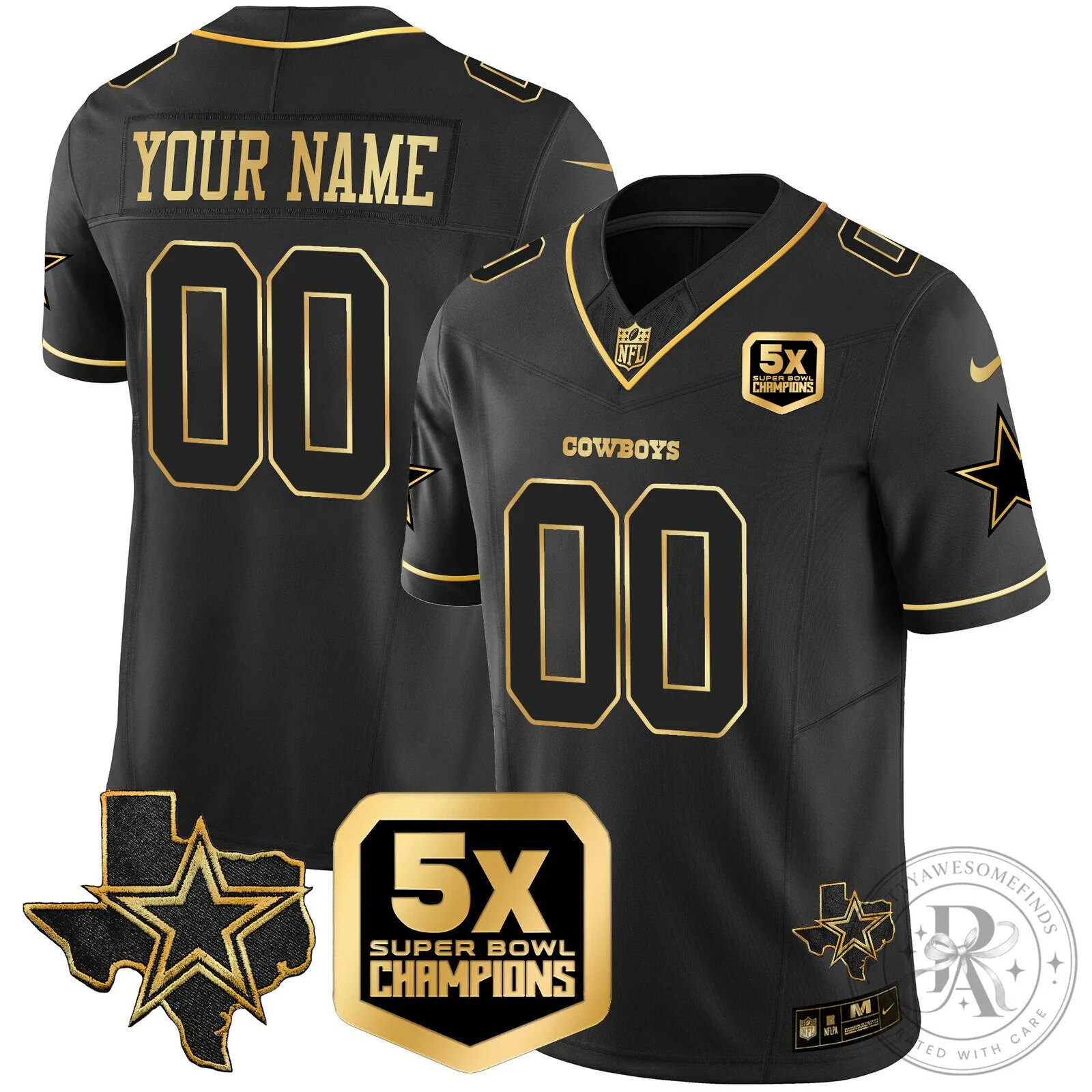 Dallas Cowboys 5x Super Bowl Champions Black Gold Custom Football Jersey 7 Dallas Cowboys 5x Super Bowl Champions Black Gold Custom Football Jersey