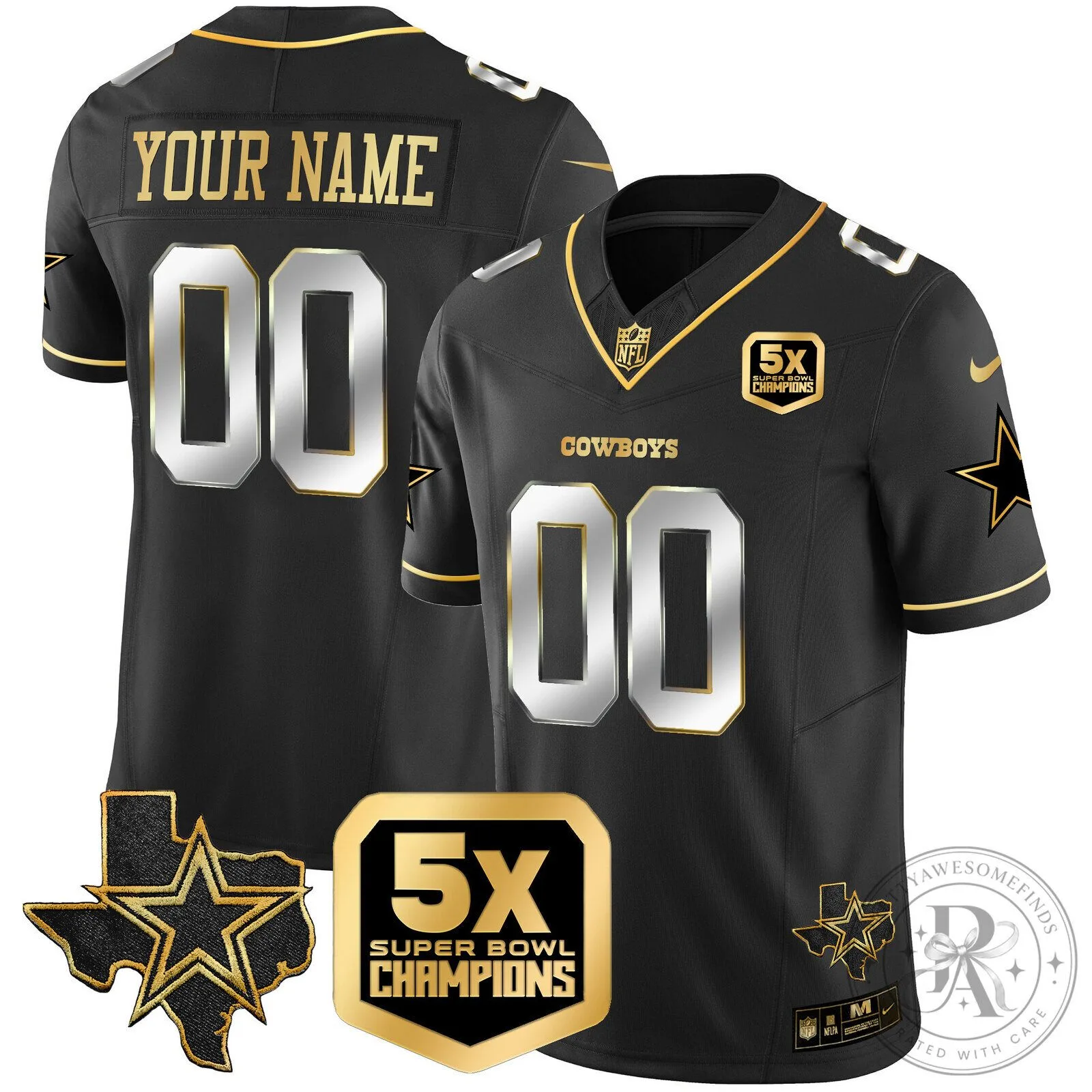 Dallas Cowboys 5x Super Bowl Champions Black Gold Custom Football Jersey 9 Dallas Cowboys 5x Super Bowl Champions Black Gold Custom Football Jersey