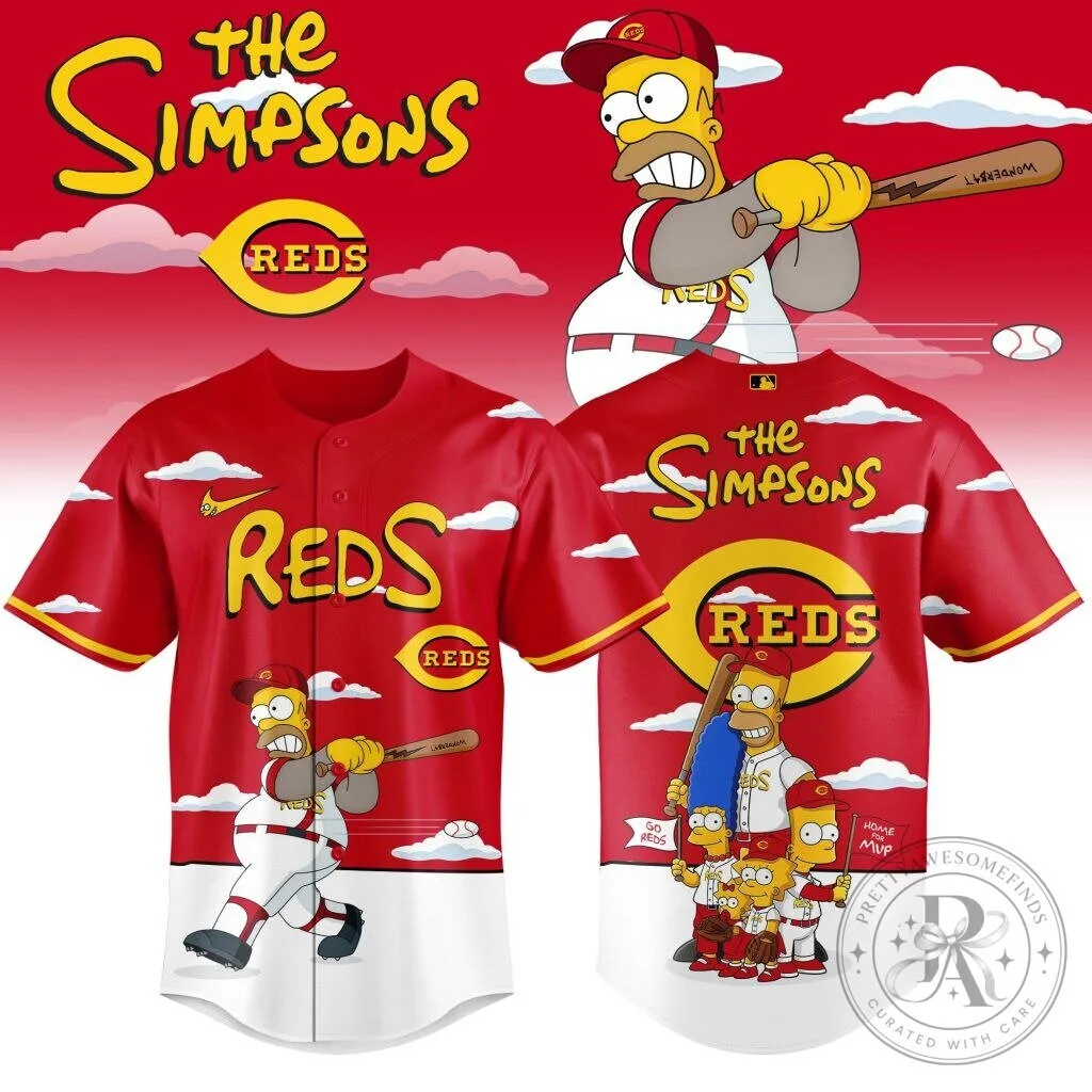 Homer Simpson Baseball Jersey featuring Cincinnati Reds and The Simpsons Theme