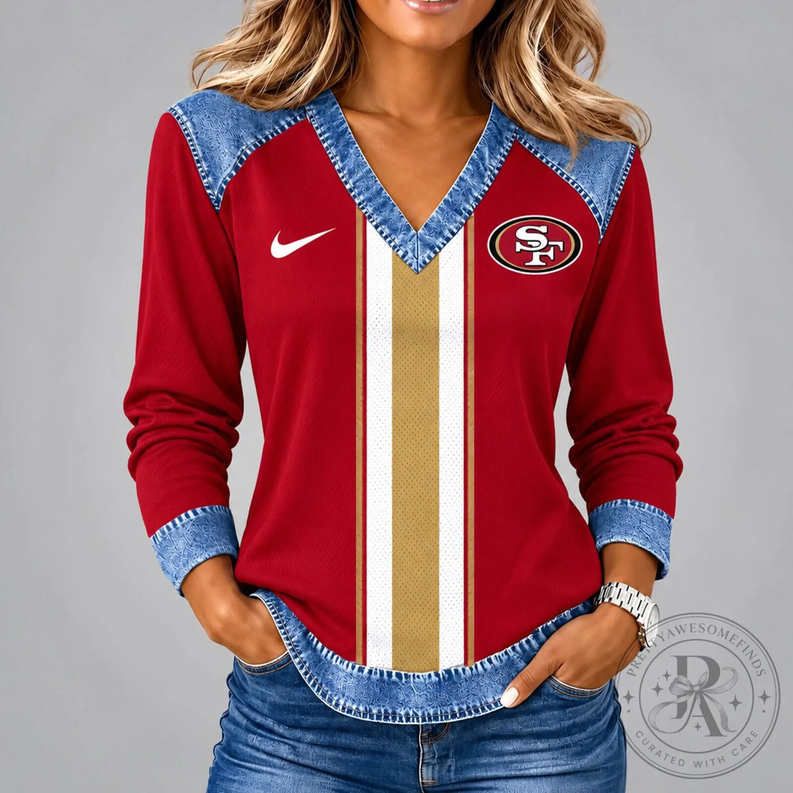 San Francisco 49ers Women's Vintage Style V-Neck Long Sleeve Shirt
