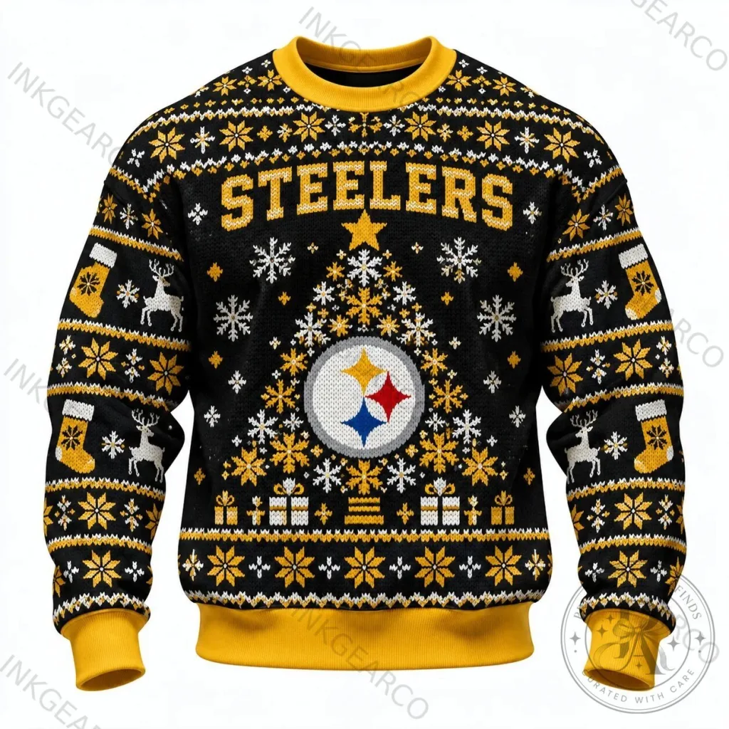Pittsburgh Steelers Ugly Christmas Tree Pattern Holiday Crewneck Sweatshirt Pittsburgh Steelers Ugly Christmas Tree Pattern Holiday Crewneck Sweatshirt