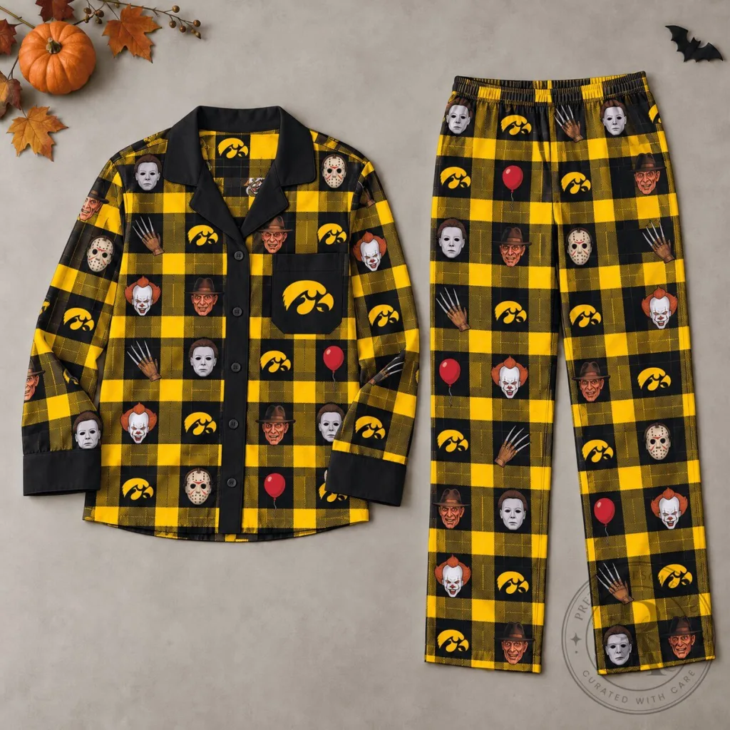 Iowa Hawkeyes Halloween Horror Movie Characters Plaid Pajamas Set Iowa Hawkeyes Halloween Horror Movie Characters Plaid Pajamas Set