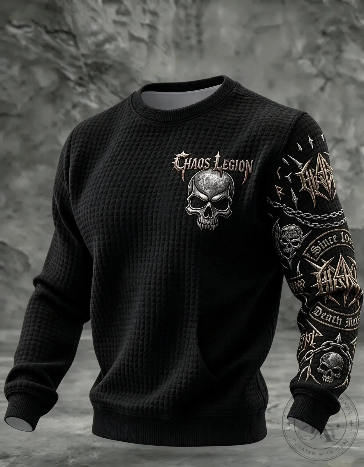 Chaos Legion Death Metal Skull Black Waffle Knit Long Sleeve Sweatshirt