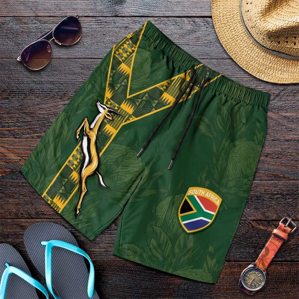 South Africa Springbok Rugby Team Emblem Green Pattern Men's Beach Shorts 1 South Africa Springbok Rugby Team Emblem Green Pattern Men's Beach Shorts