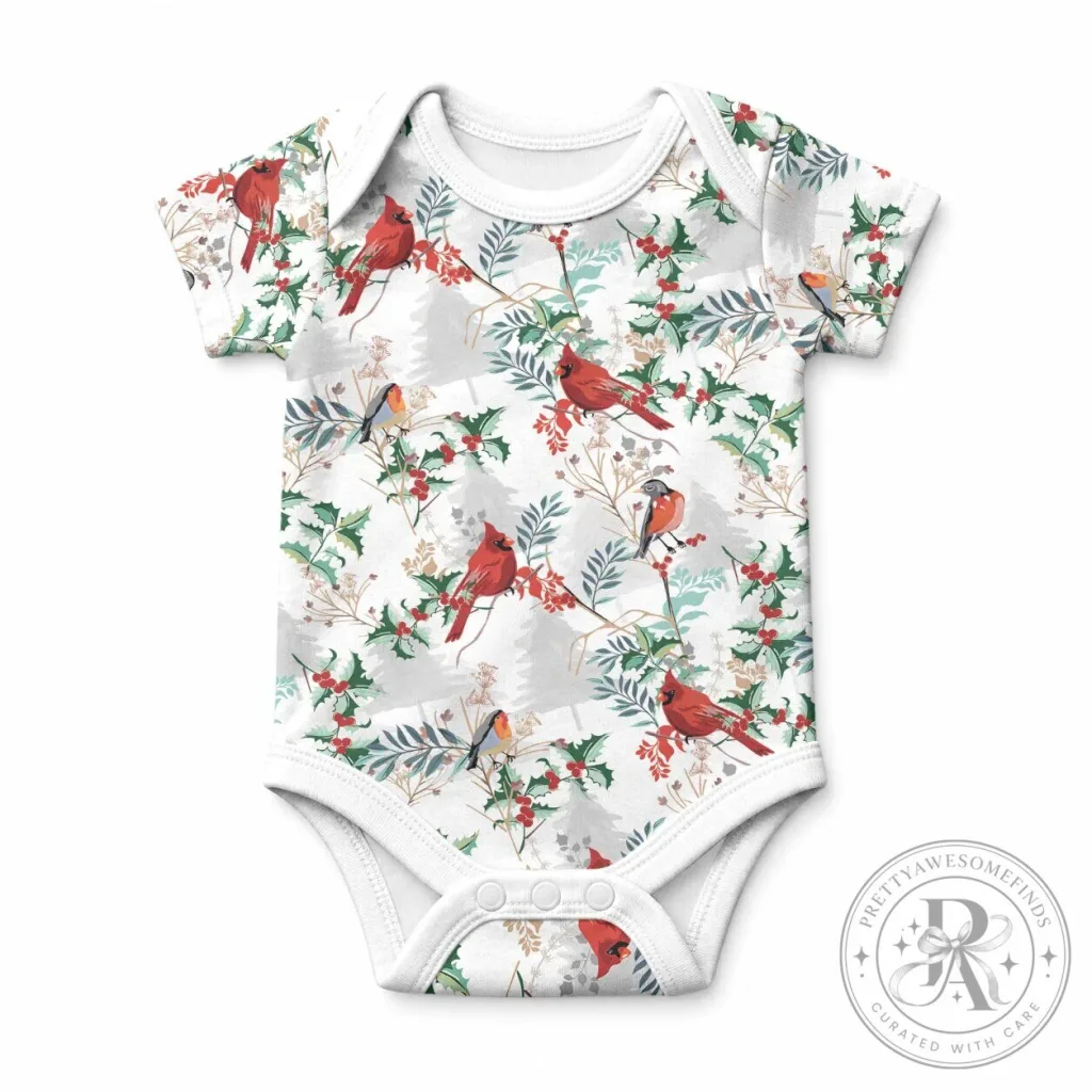 Christmas Cardinal Bird and Holly Berry Pattern White Baby Romper Christmas Cardinal Bird and Holly Berry Pattern White Baby Romper