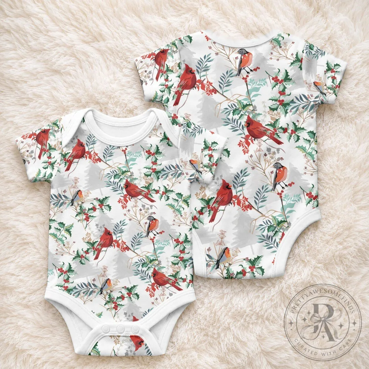 Christmas Cardinal Bird and Holly Berry Pattern White Baby Romper 6 Christmas Cardinal Bird and Holly Berry Pattern White Baby Romper
