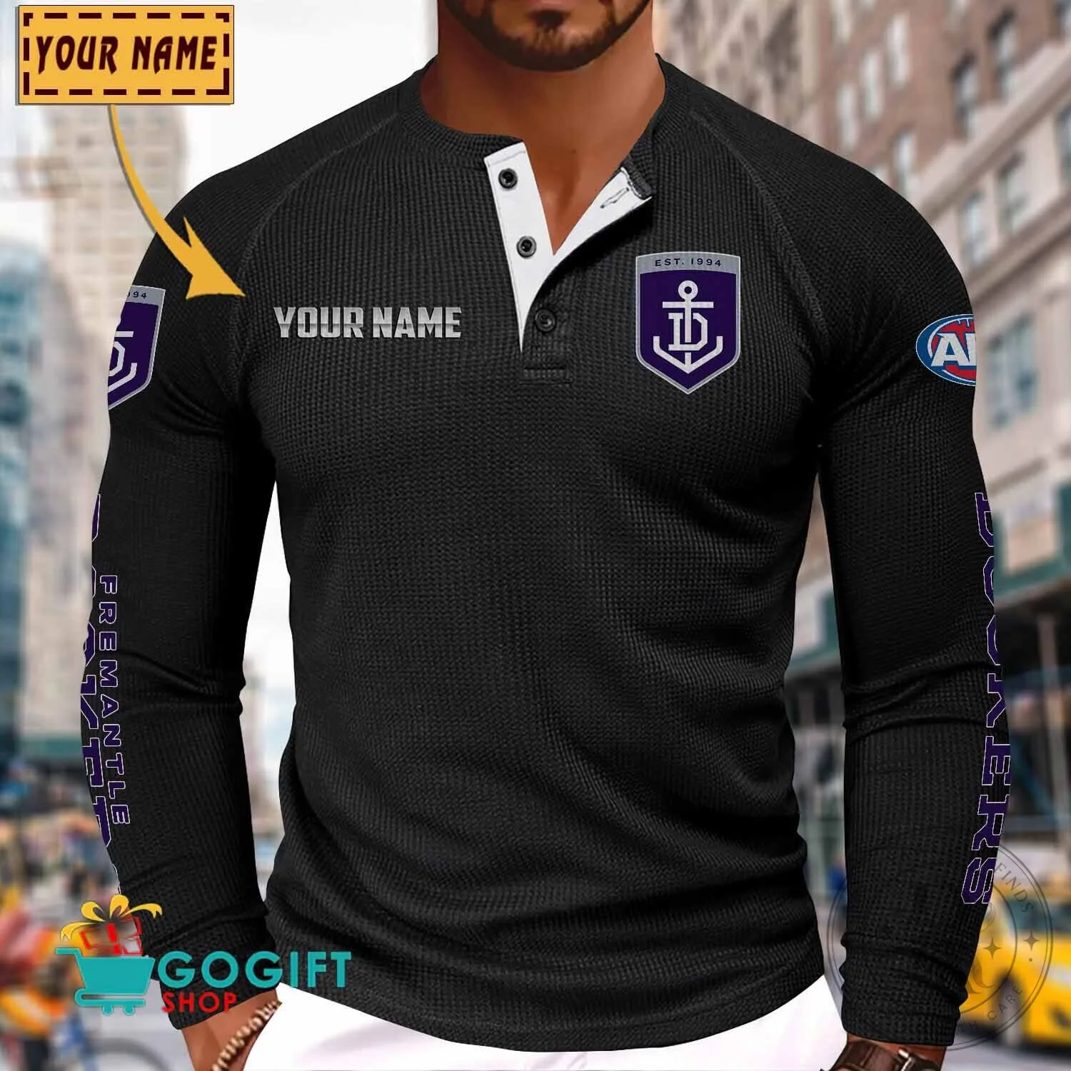 Fremantle Dockers Personalized Long Sleeve Henley Shirt 2 Fremantle Dockers Personalized Long Sleeve Henley Shirt