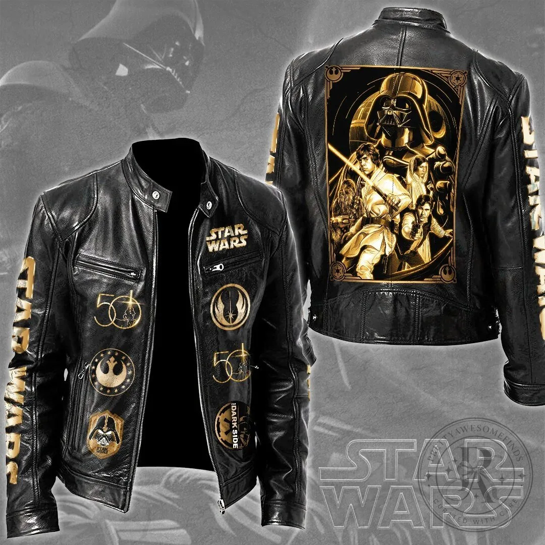 Star Wars 50th Anniversary Darth Vader and Heroes Black Leather Jacket