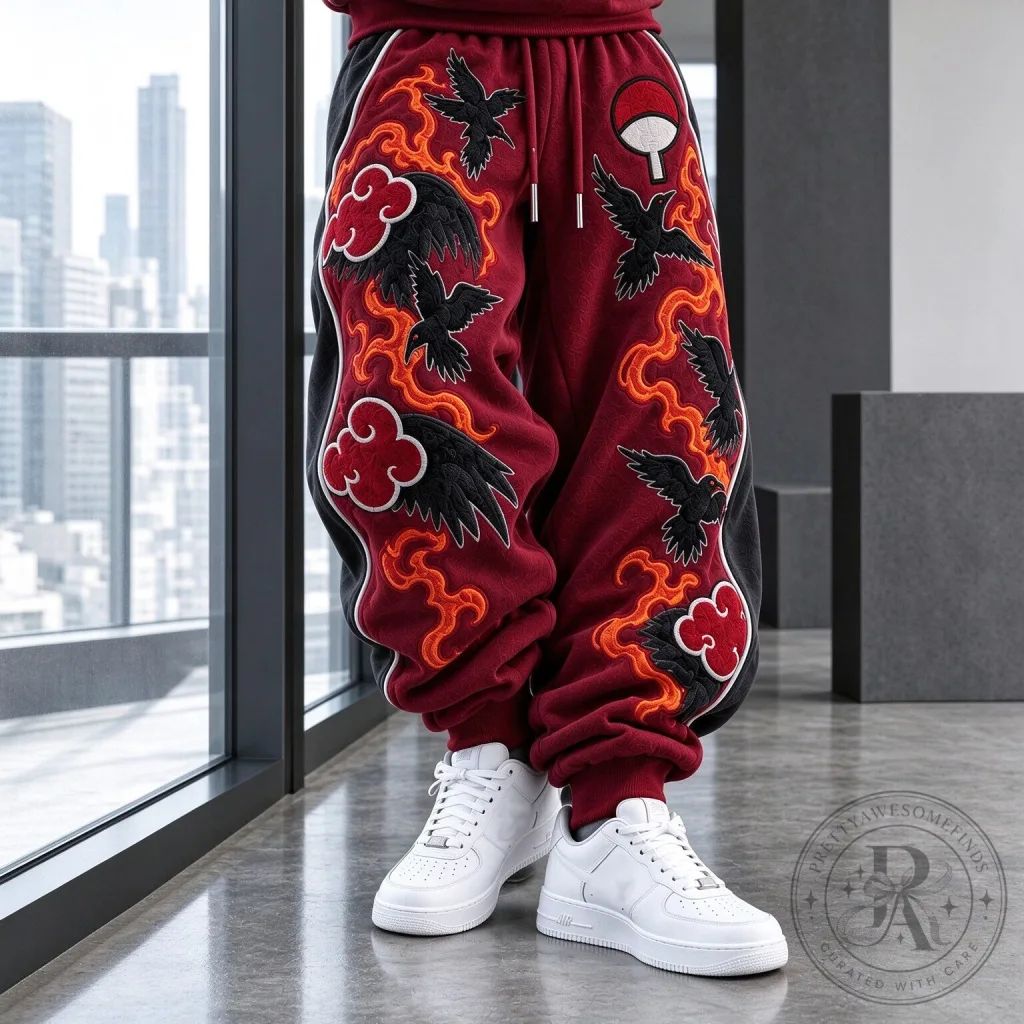 Naruto Akatsuki Cloud and Crow Embroidered Anime Red Jogger Sweatpants Naruto Akatsuki Cloud and Crow Embroidered Anime Red Jogger Sweatpants