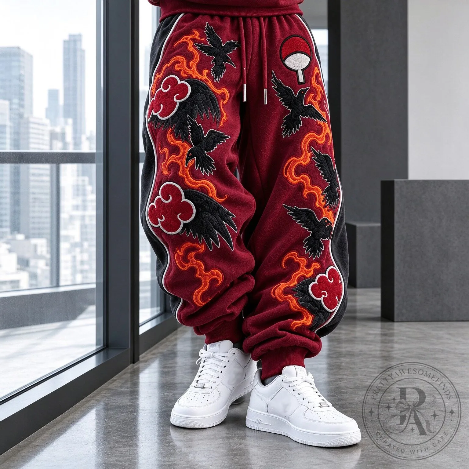 Naruto Akatsuki Cloud and Crow Embroidered Anime Red Jogger Sweatpants