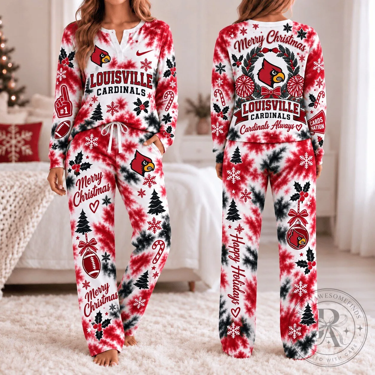 Louisville Cardinals Christmas Tie-Dye Holiday Pajamas Set