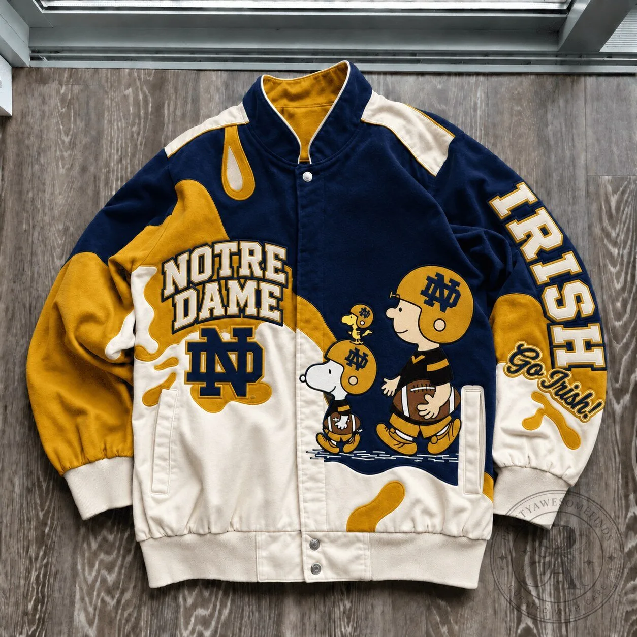 Notre Dame Fighting Irish Peanuts Snoopy Football Varsity Bomber Jacket