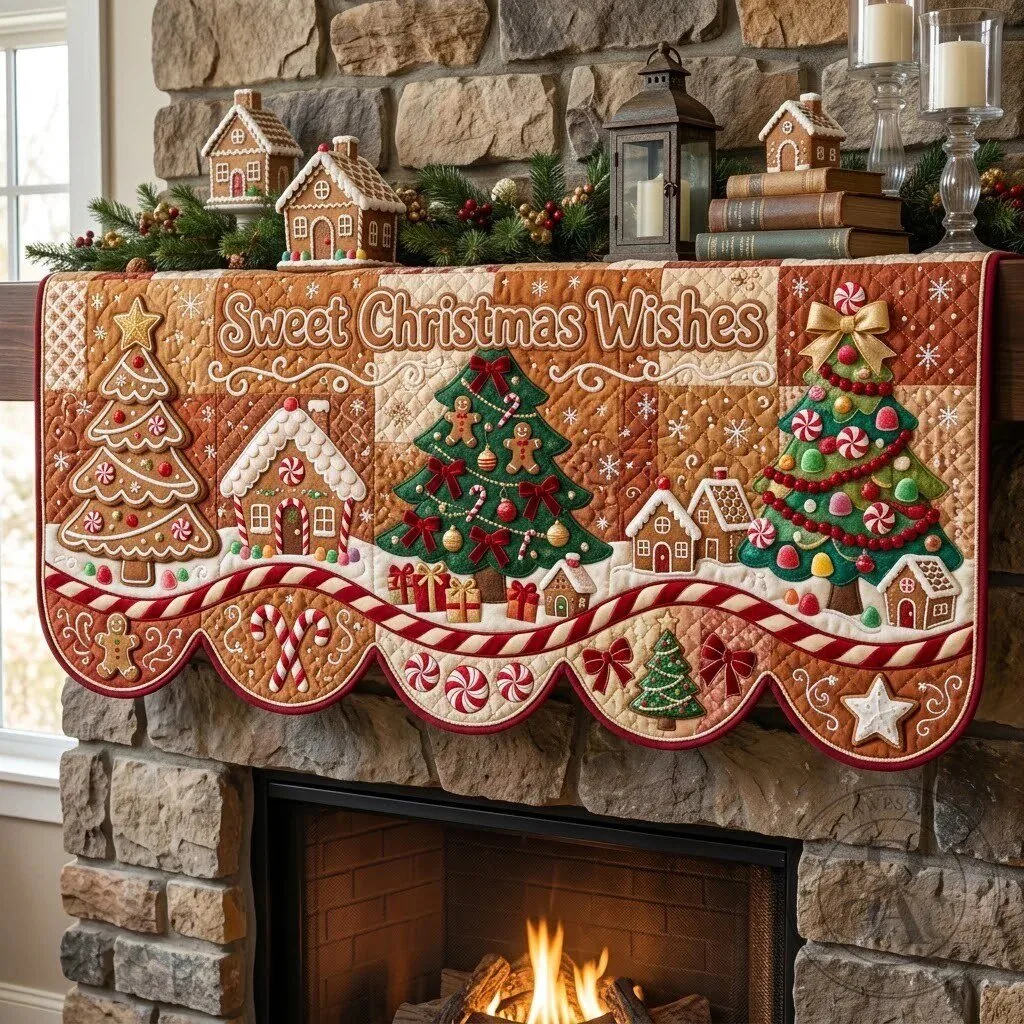 Sweet Christmas Wishes Gingerbread Village Quilted Mantel Scarf