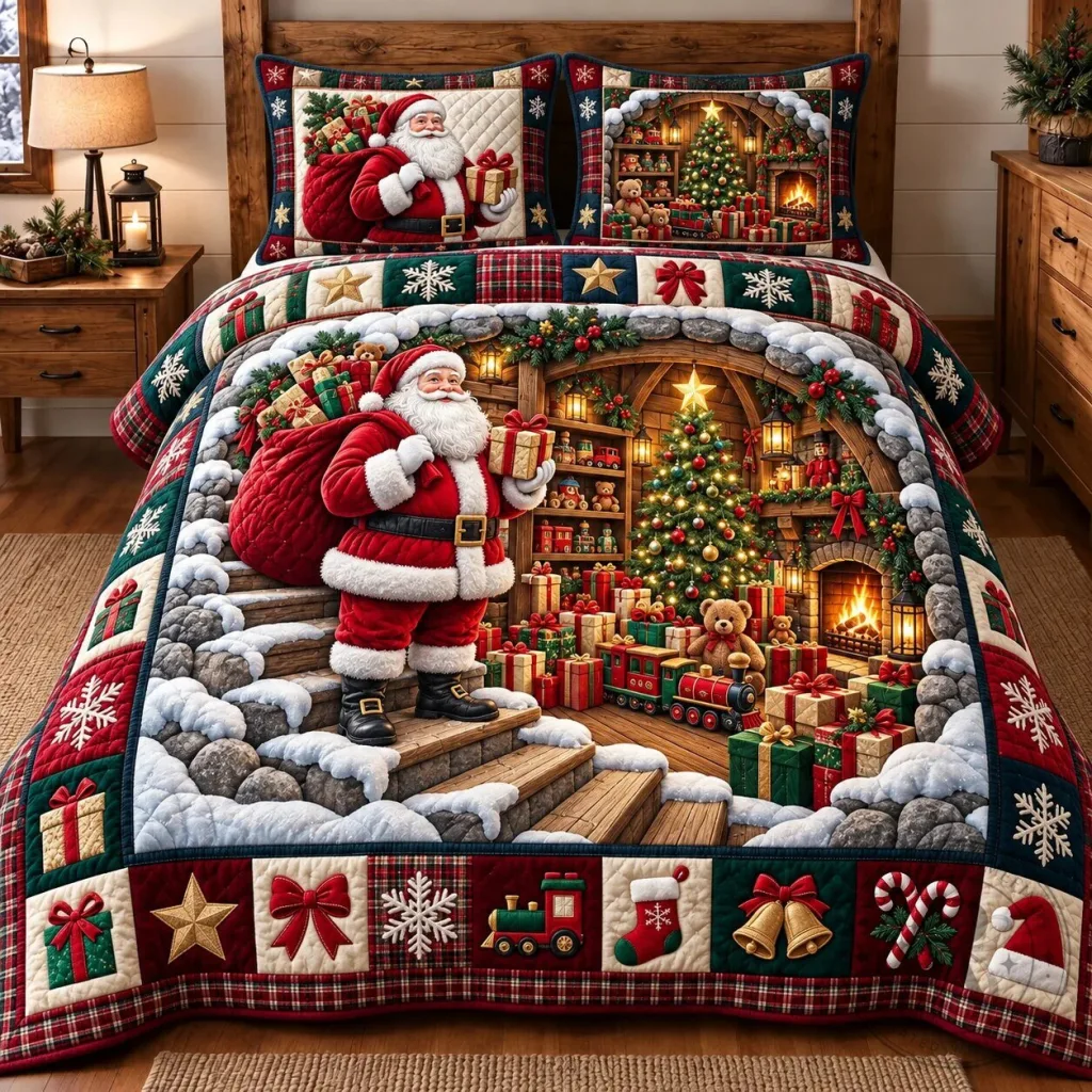 Santa Claus Christmas Workshop Quilted Bedding Set with Pillow Shams Santa Claus Christmas Workshop Quilted Bedding Set with Pillow Shams