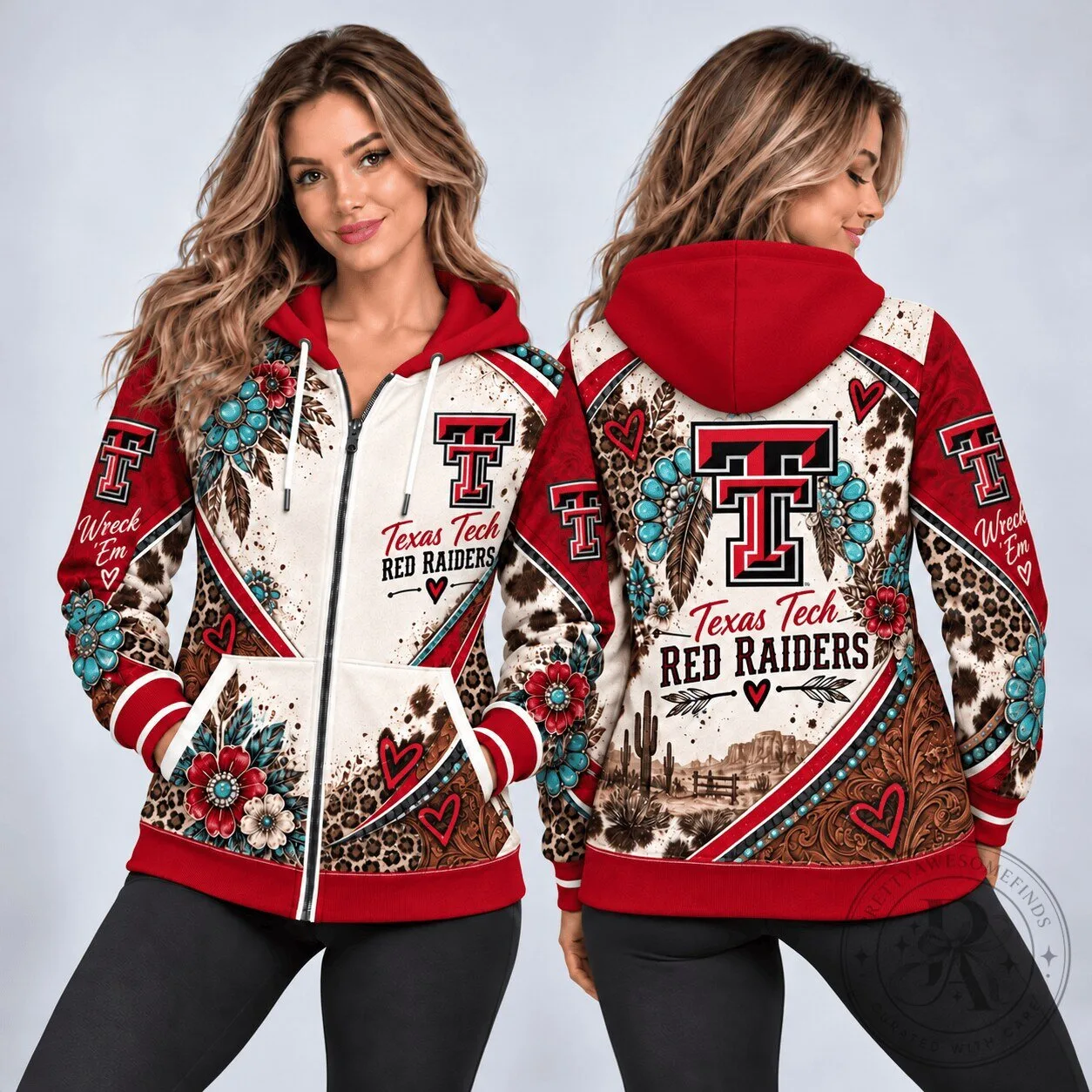 Texas Tech Red Raiders Western Boho Floral Leopard Print Full Zip Hoodie