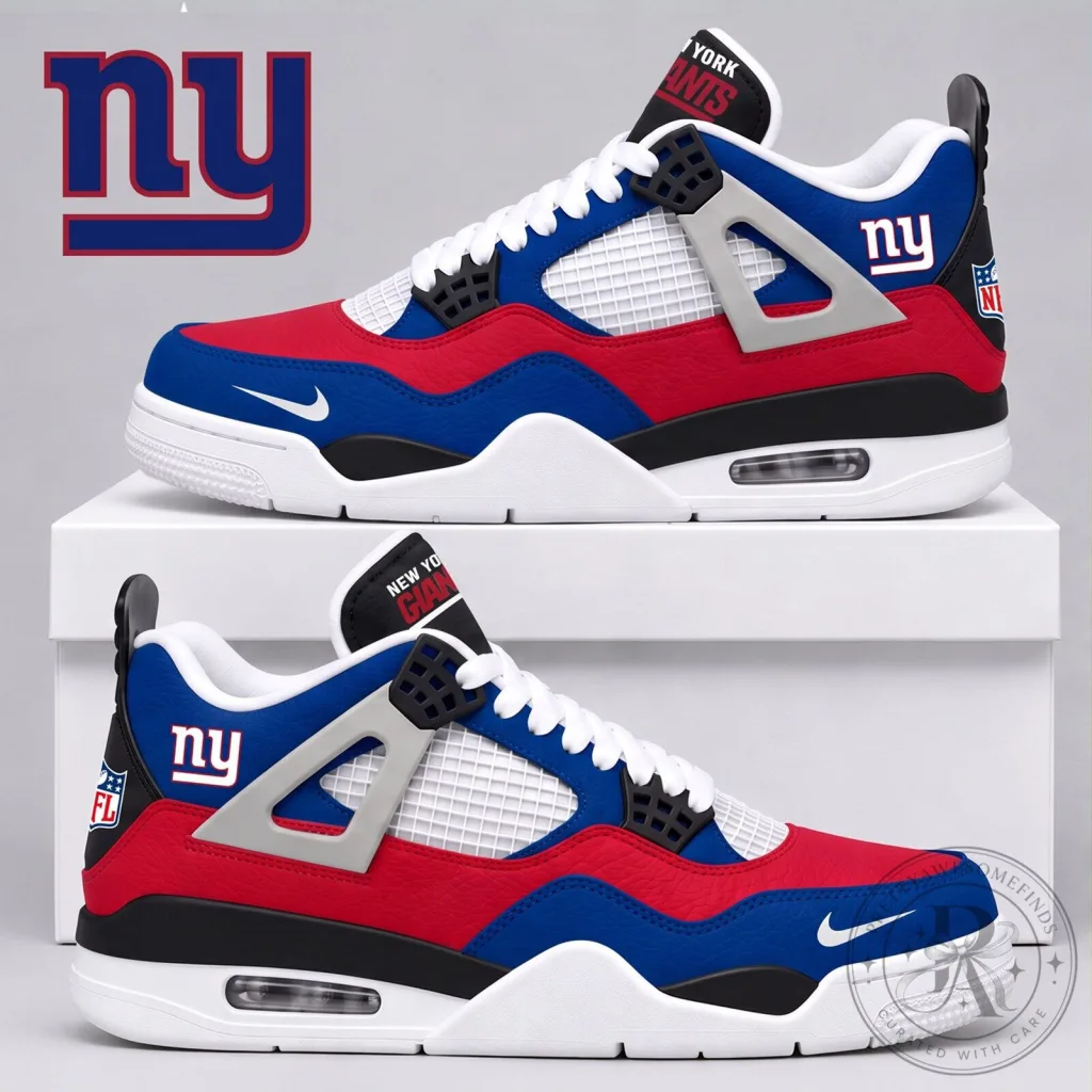 New York Giants NFL Air Jordan 4 Style Premium Red Blue White Sneakers Shoes New York Giants NFL Air Jordan 4 Style Premium Red Blue White Sneakers Shoes