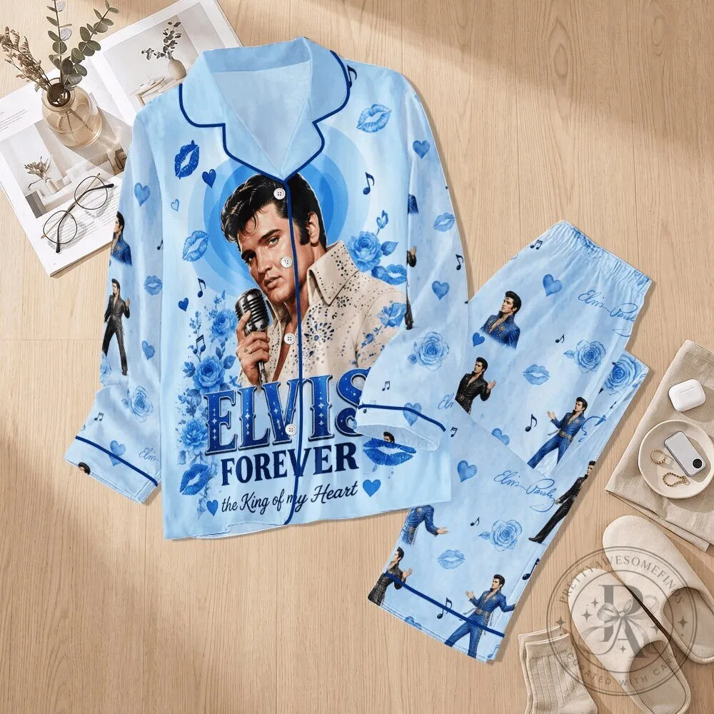 Elvis Presley Forever The King of My Heart Blue Satin Pajamas Set