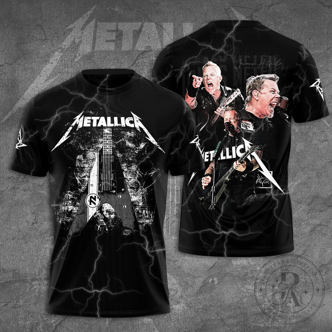 Metallica Band Members Electric Guitar Lightning Black Graphic T-Shirt 2 Metallica Band Members Electric Guitar Lightning Black Graphic T-Shirt