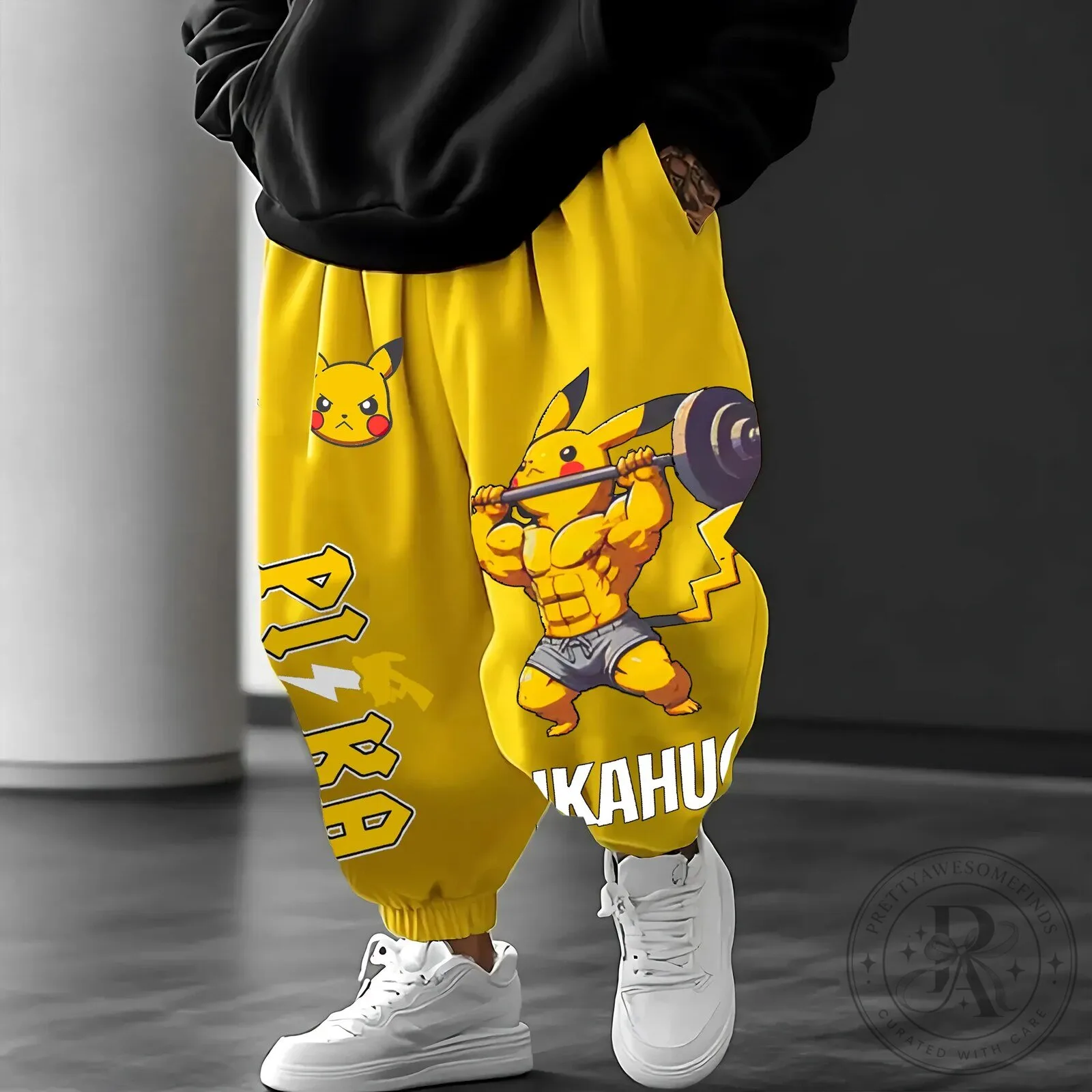 Pikachu Weightlifting Graphic Print Yellow Jogger Sweatpants for Men