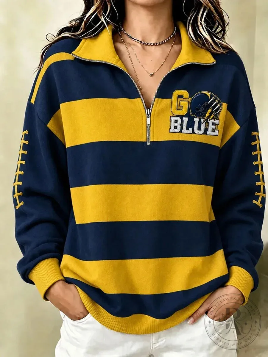 Go Blue Striped Quarter-Zip Pullover Sweatshirt for Women