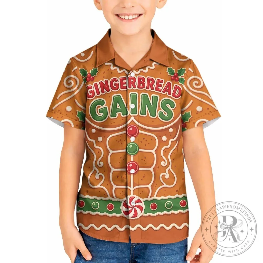 Funny Christmas Gingerbread Man Gains Bodybuilder Kid Hawaiian Shirt