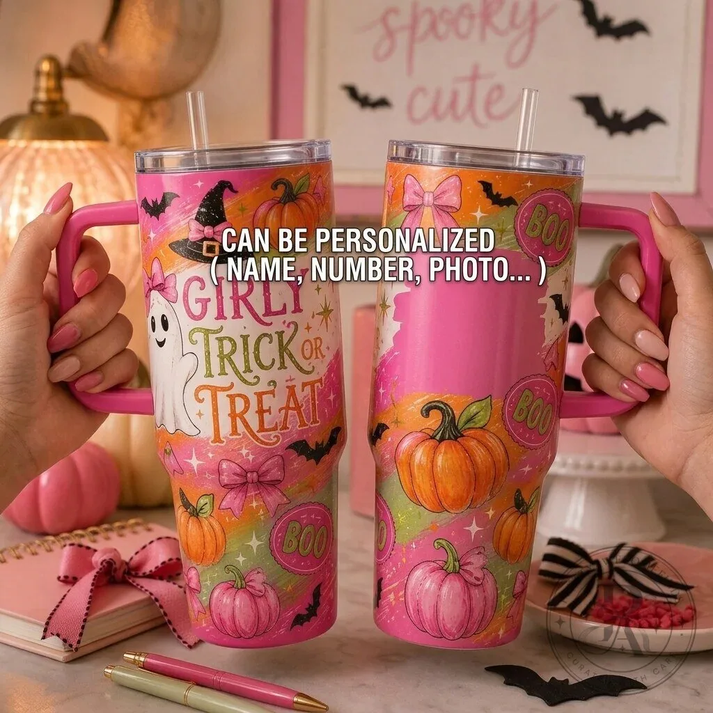 Girly Halloween Trick or Treat Ghost and Pumpkin 40oz Tumbler with Handle