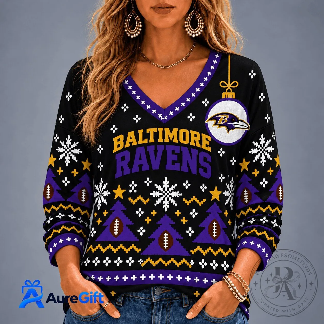 Baltimore Ravens NFL Christmas Ugly Sweater Style Long Sleeve V-Neck Shirt