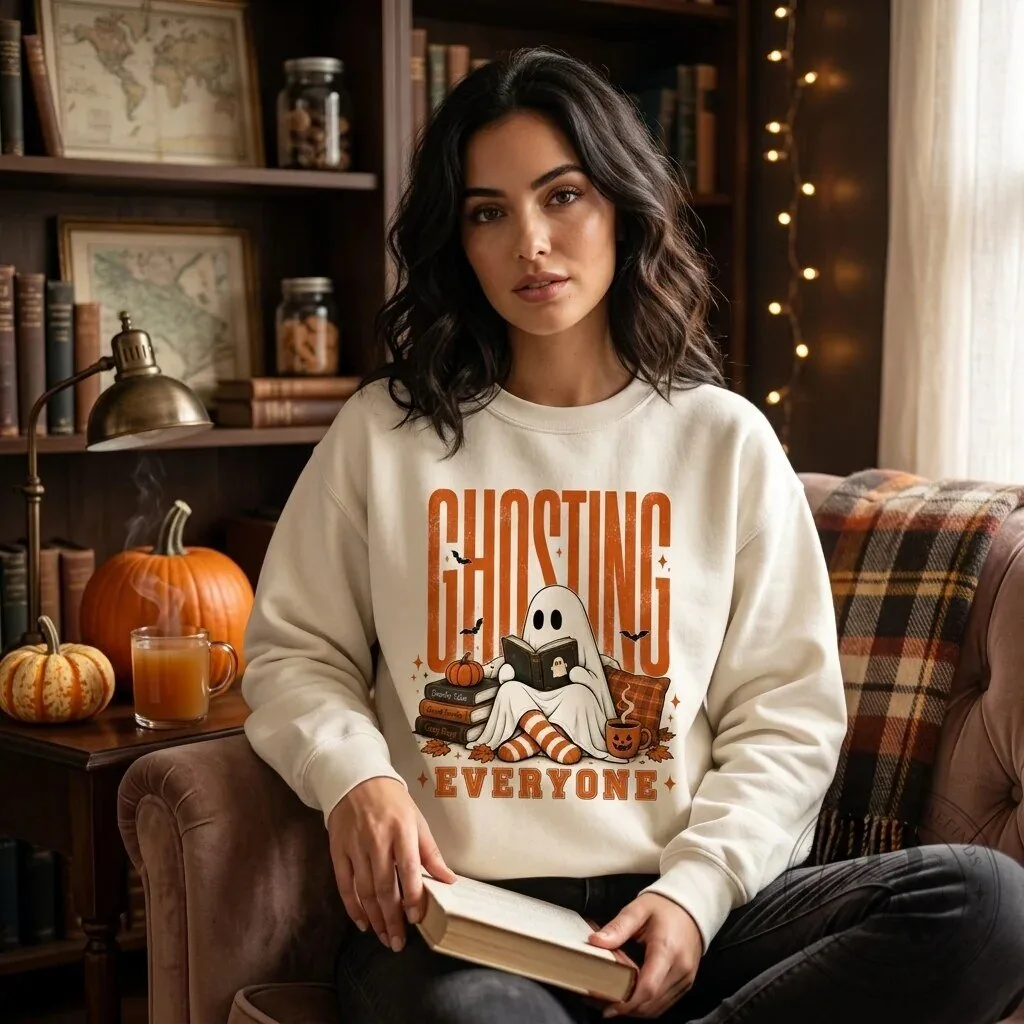 Ghosting Everyone Funny Halloween Reading Ghost Sweatshirt Cozy Fall Gift