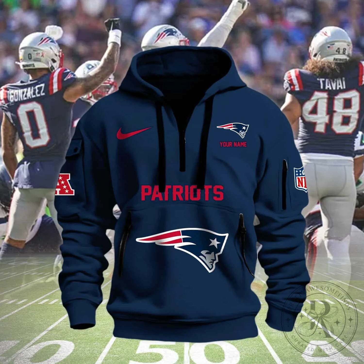 New England Patriots Custom Name NFL Football Team Navy Blue Hoodie