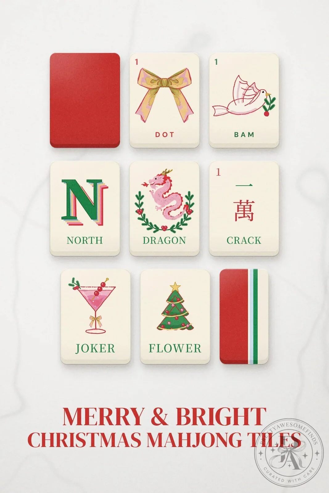 Merry and Bright Christmas Mahjong Tile Set Holiday Game Night Fun