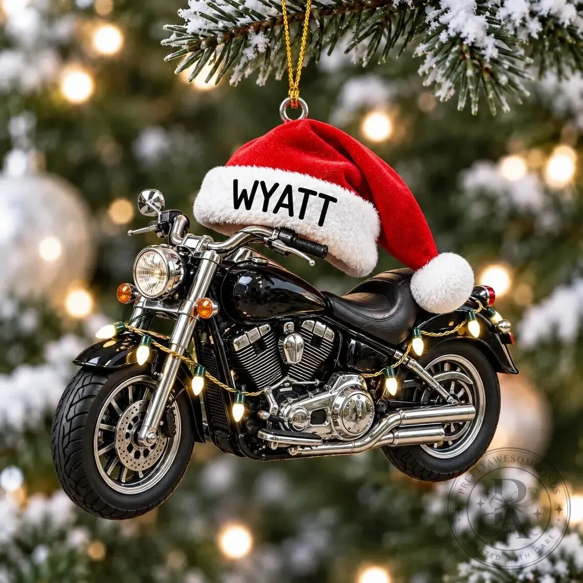 Personalized Motorcycle Christmas Ornament with Santa Hat, Custom Name Bike Holiday Decor