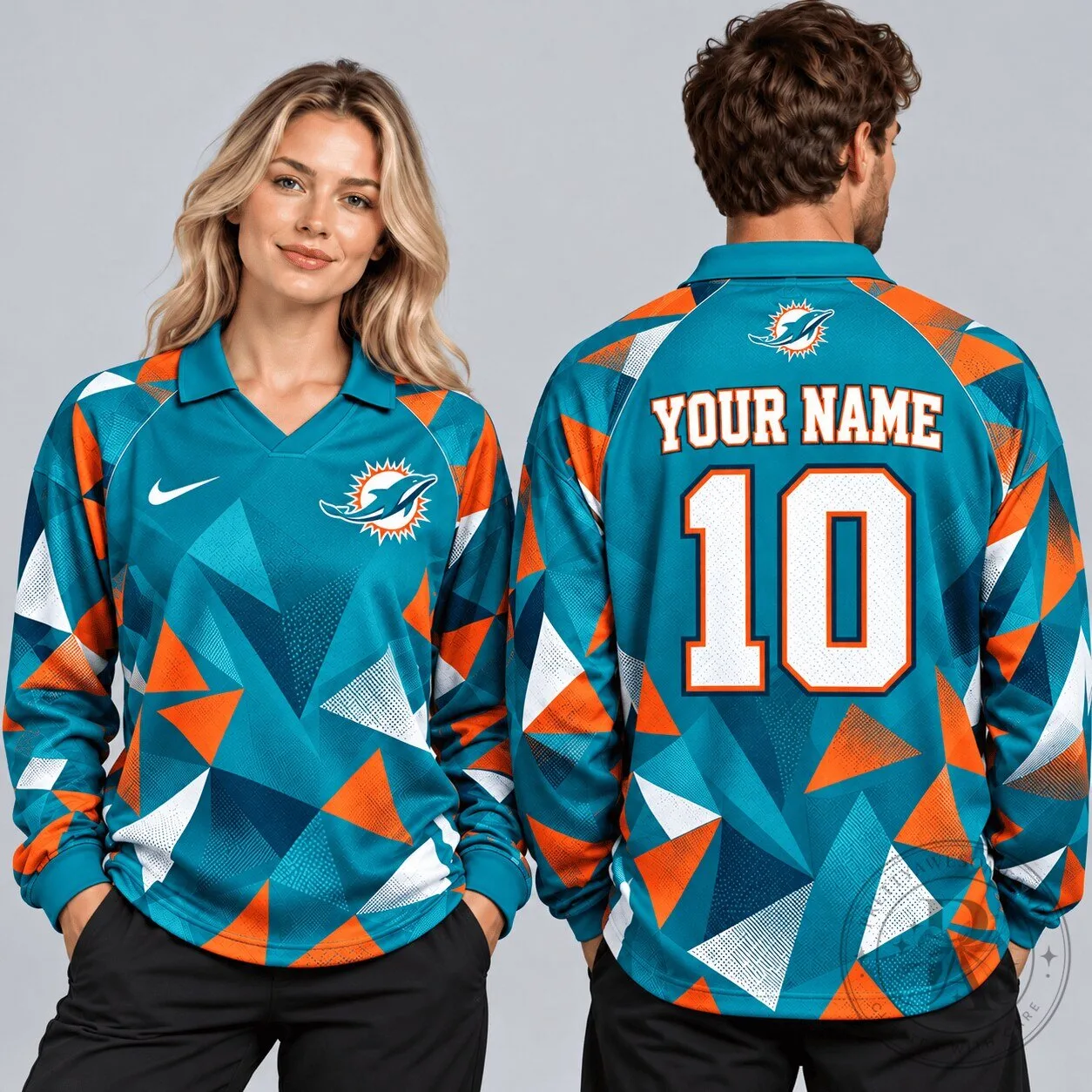 Miami Dolphins Custom Name Number Abstract Triangle Camo Long Sleeve Polo Shirt 5 Miami Dolphins Custom Name Number Abstract Triangle Camo Long Sleeve Polo Shirt