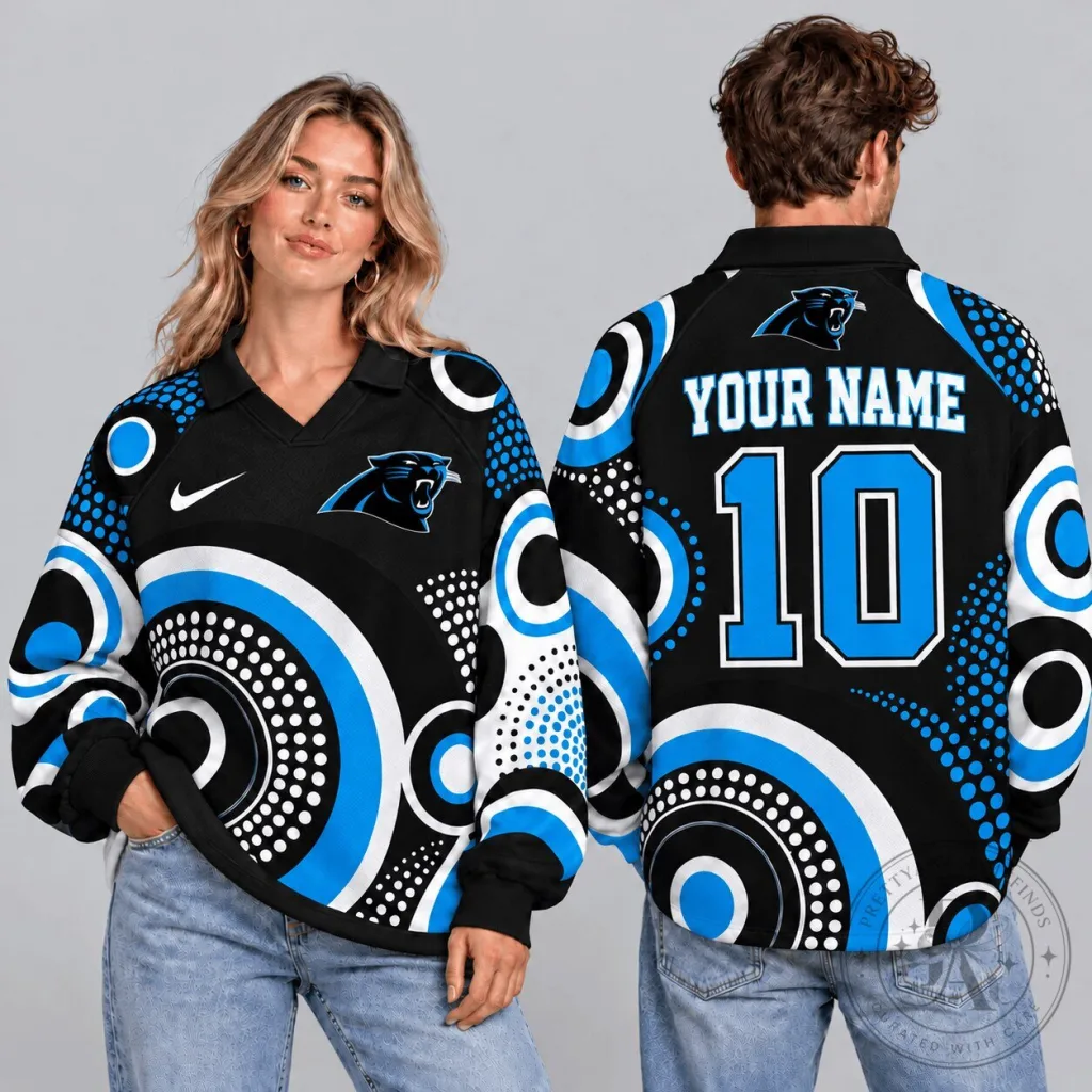 Carolina Panthers NFL Retro Geometric Circle Custom Name Number Long Sleeve Polo Shirt Carolina Panthers NFL Retro Geometric Circle Custom Name Number Long Sleeve Polo Shirt