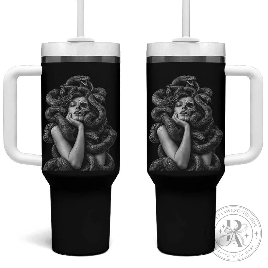 Vintage Medusa Half Skull Greek Mythology Gothic Dark Fantasy Art Tumbler With Handle 3 Vintage Medusa Half Skull Greek Mythology Gothic Dark Fantasy Art Tumbler With Handle