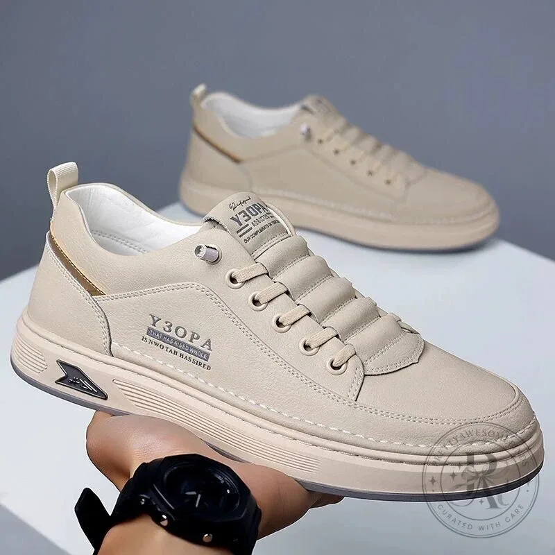 Men's Casual Beige Leather Lace-Up Sneakers Comfortable Walking Shoes