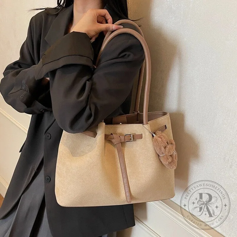 Elegant Beige Faux Suede Shoulder Bag with Adjustable Straps