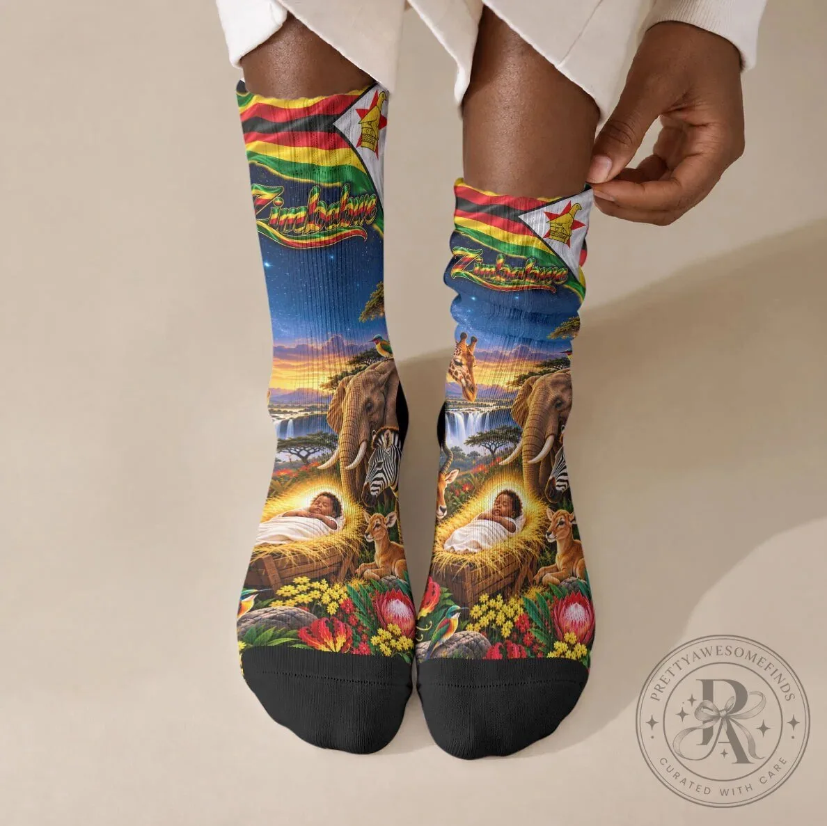 Zimbabwe Christmas Holy Family African Safari Wildlife Savanna Sunset Socks