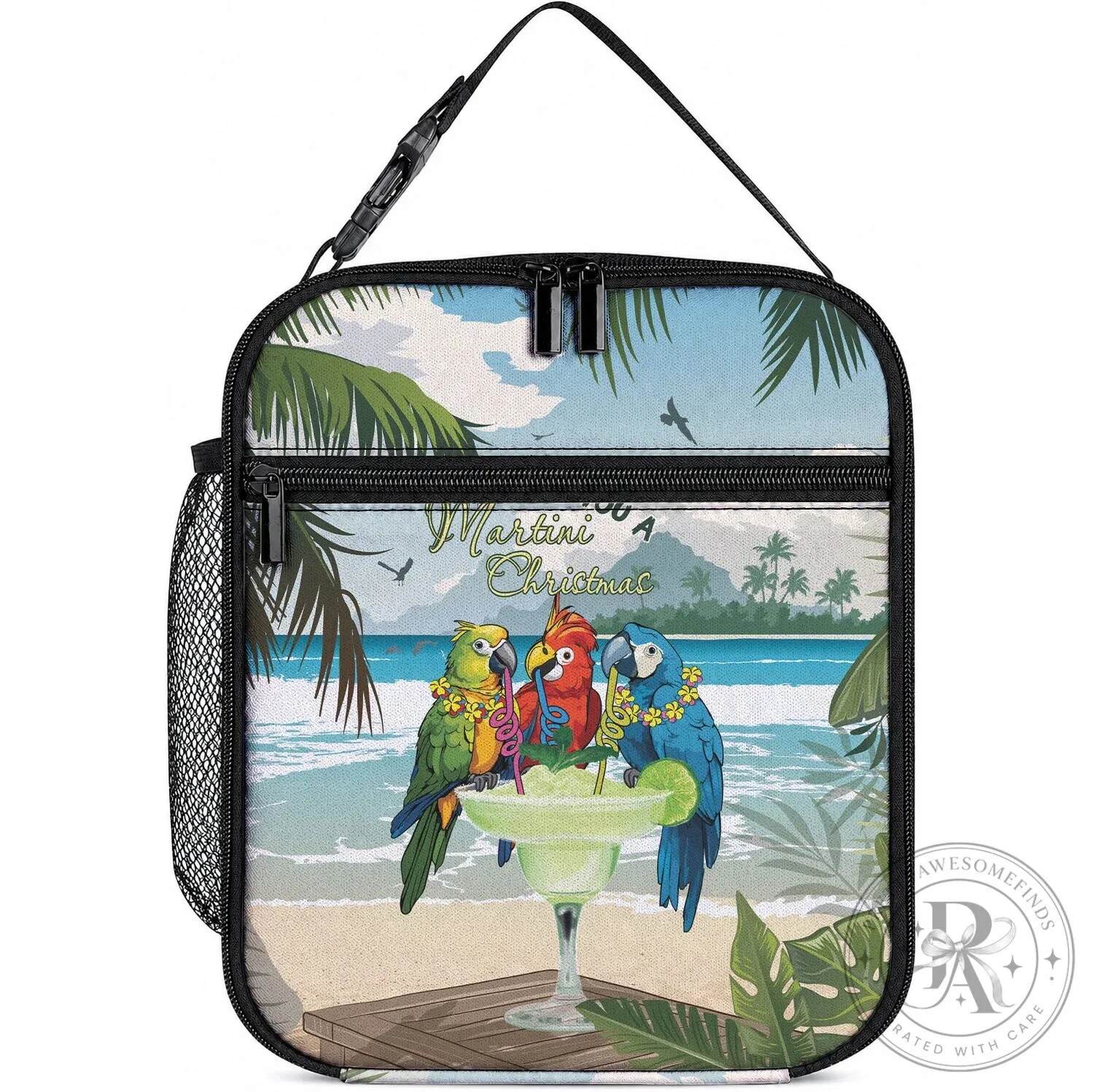 Tropical Parrot Martini Christmas Beach Scene Insulated Lunch Bag