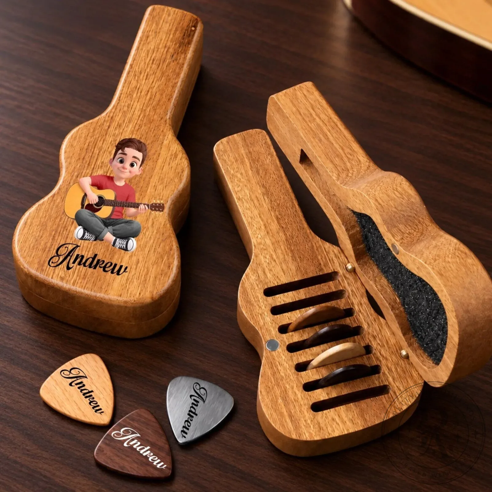 Personalized Guitar Pick Holder Case with Custom Name Engraving for Musicians