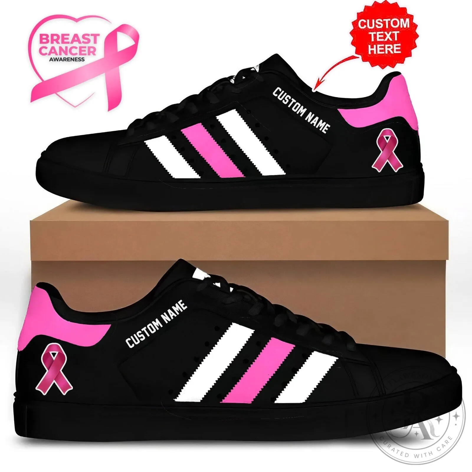 Breast Cancer Awareness Custom Name Pink Ribbon Black White Stripe Shoes